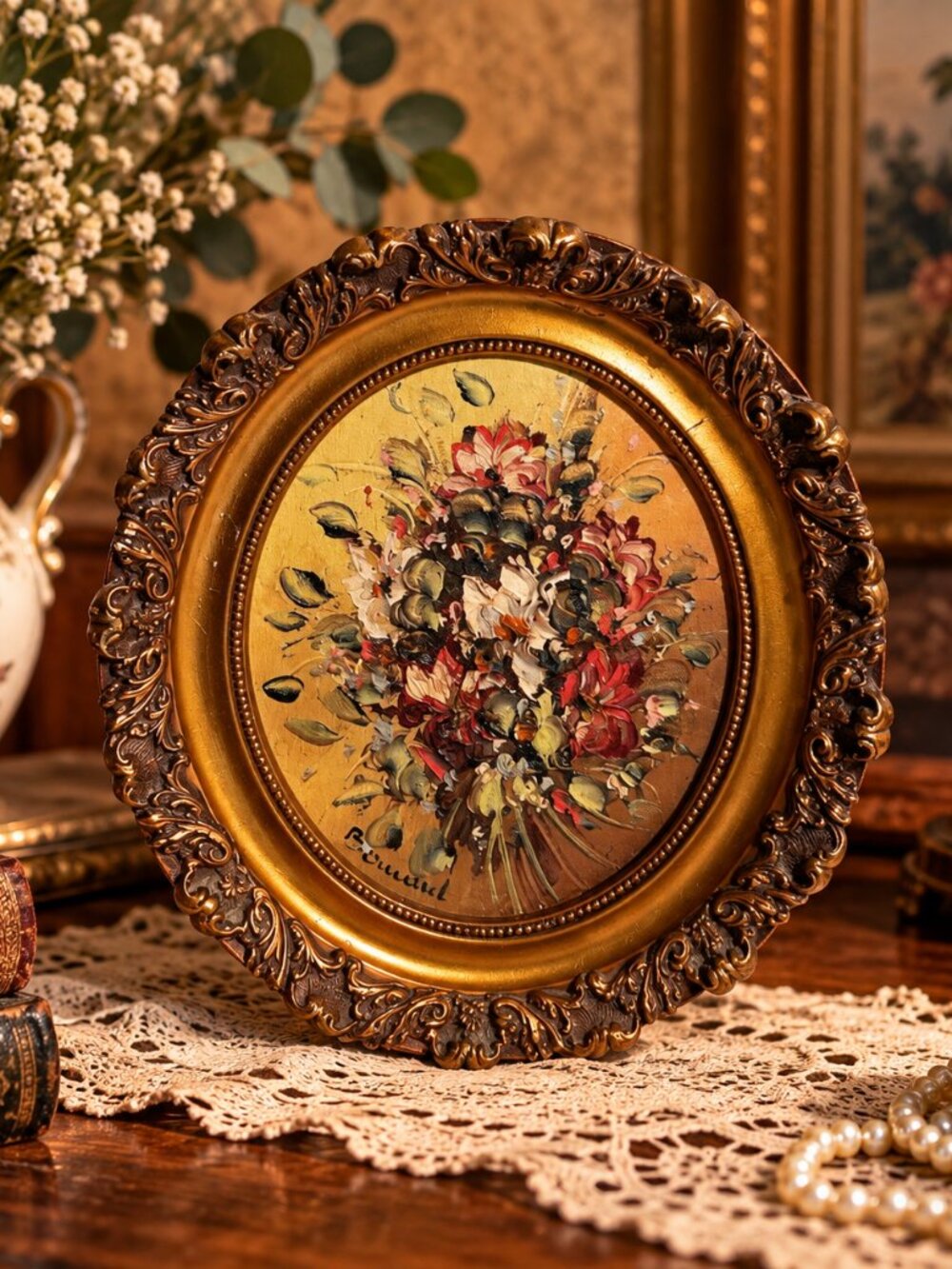 Vintage Ornate Framed Floral Oil Painting – Signed – Gold Baroque Style Frame